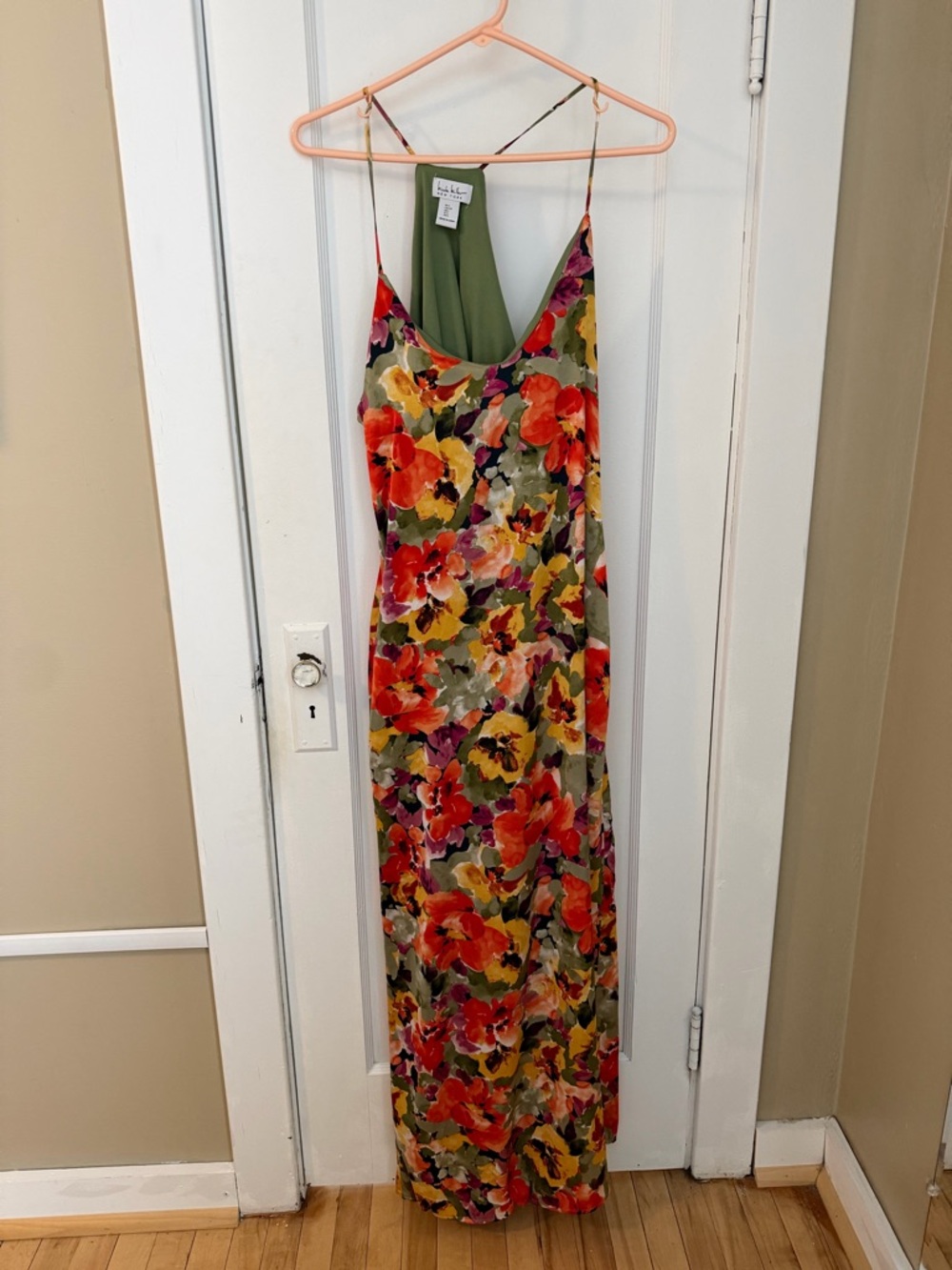 Nicole Miller Olive Floral Slip Maxi with Red Accents